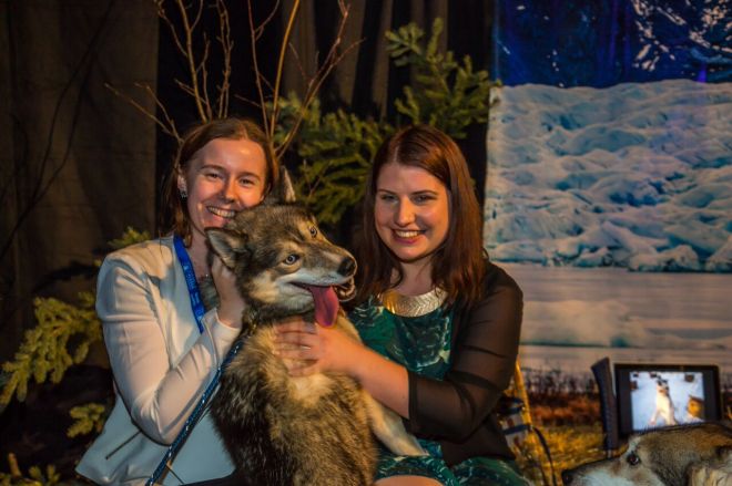 Maria and Sara with sled dog at the ASSW banquet.jpg